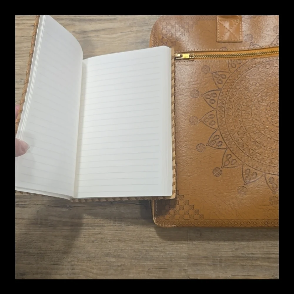 Rare Laptop Bag Chakra Embossed Tan Leather and Notepad Agenda Set